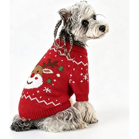 Pull de Noël pour chien en tricot, vêtement chaud d'hiver pour petite race, motif renne rouge, tenue festive de Noël - Rouge (1/5)