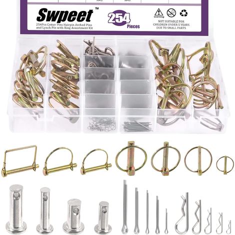 Lot de 254 broches d'attelage robustes 6 styles 1/4" 2/5" 5/16" et broches PTO avec épingle à cheveux en acier inoxydable 304 et clips en forme de R (1/5)
