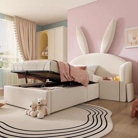 Lit Enfant 90x190 cm avec Tête de Lit Lapin, Coffre Hydraulique, Chevet Réversible, Sommier, Velours Beige