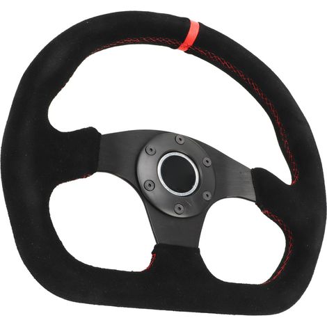 Volant en forme de D de 32,5 cm (12,8 pouces) en cuir suédé, style course, avec surpiqûres rouges et bouton de klaxon (1/5)