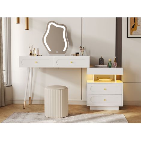 Coiffeuse blanche avec miroir LED 4 tiroirs rangement 140x40x130 cm