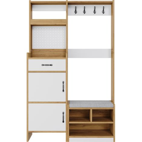 Armoire d'entrée multifonction avec rangement à chaussures et banc, 1 tiroir, 1 clapet, couleur chêne/blanc, 108,5 x 35 x 180 cm (1/5)
