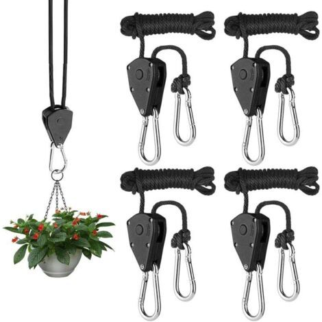 4 Pièces Corde à Cliquet avec Crochet,Sangle à Cliquet Corde 1/8 Pouce Corde de Crochet Réglable Sangle à Cliquet Tendeur à Cliquet pour Corde, Lampes,Les Pots de Jardinage Chaque Paire Porte 68 Kg (1/5)