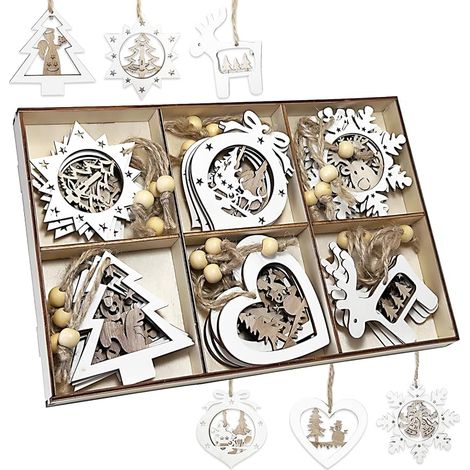 24 x Weihnachtsdekorationen mit Hanfseil, Weihnachtsbaumschmuck aus Holz für Wohnzimmer und Schlafzimmer (1/5)