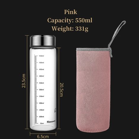 (Rose, 550 ml) Bouteille d'eau portable en verre, thermos, avec graduations, adaptée aux sports de plein air. (1/5)
