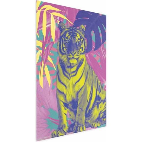 Poster - Tigre colorata - Colori intensi di una tigre circondata da piante tropicali (1/4)