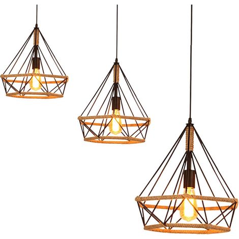 – Suspension lustre industrielle vintage rétro en fer et corde de chanvre – Abat-jour 25x25cm – Douille E27 – Longueur câble 100cm réglable – Lot de 3 (1/5)