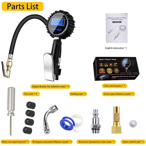 (noir) Manomètre numérique de pression des pneus de voiture, 3-200 PSI, affichage LCD, accessoires pour compresseur. (1/5)