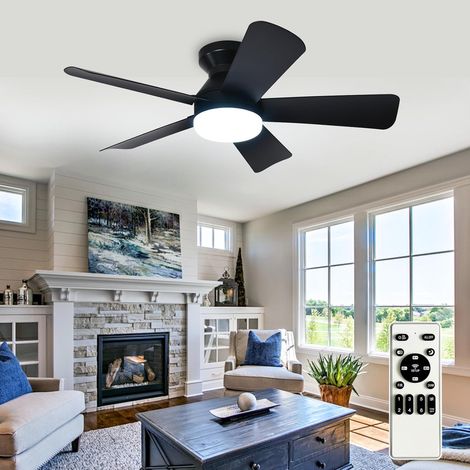Ventilateur de plafond moderne avec lumière : Petit ventilateur noir de 35 pouces pour la chambre - Ventilateur de plafond dimmable avec télécommande 5 pales réversibles 6 vitesses Timer (1/5)