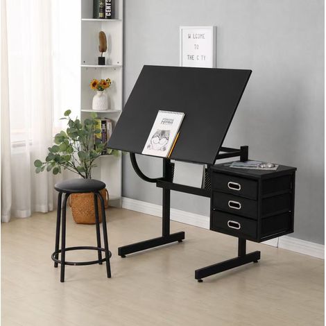 Tavolo da disegno regolabile 116x60x75 cm in MDF e metallo nero, 3 cassetti – MEUBLIV (1/5)