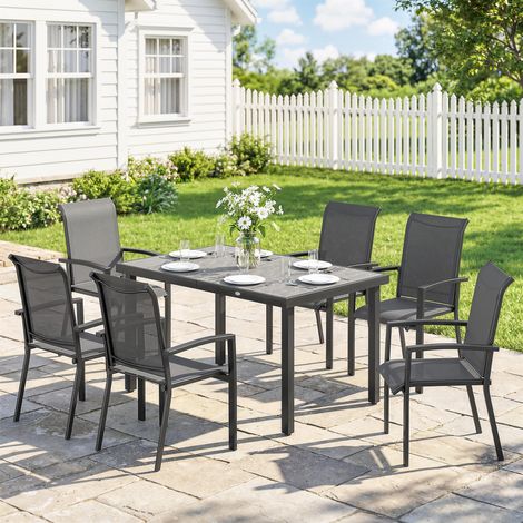 Conjunto de exterior de 7 piezas con mesa de jardín de 2 secciones y 6 sillas apilables Texteline, color gris.