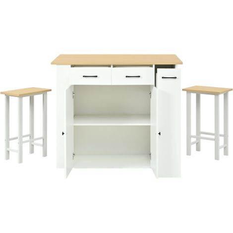 Îlot blanc extensible, prises, tiroirs, étagères réglables et 2 tabourets