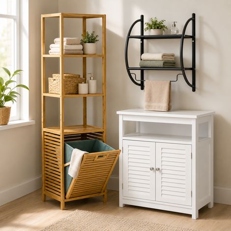 Conjunto de muebles de baño «Tall Bamboo» (3 piezas): toallero de pared, armario de MDF blanco y armario para la colada (1/5)