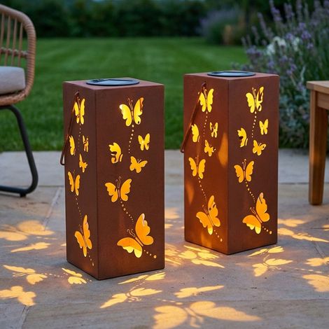 2x LED Solarlampe Außenleuchte Dekosäule Gartenlampe Hängelampe rost Eisen H 45 cm (1/5)