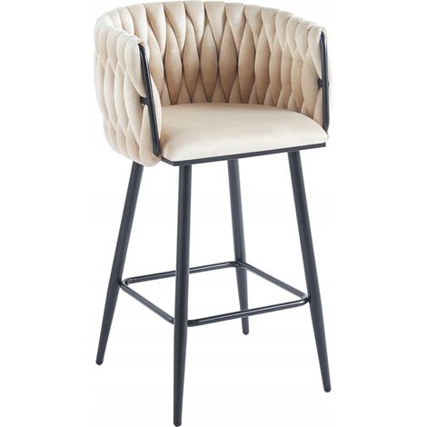Samt-Barhocker, hellbeige, mit Furnitex-Bezug, geflochten