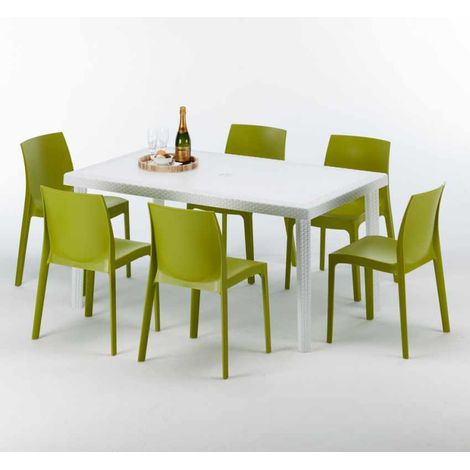 Mesa Rectangular Blanca 150x90 cm y 6 Sillas De Colores Rome Summerlife - Verde Anís