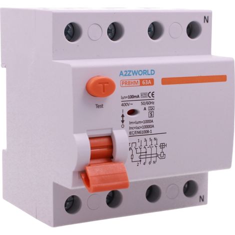RCCB Interruttore Differenziale Selettivo Tipo S 1A Classe A 3P+N 4M 10000A Ritardo 500ms AC 400V IP20 IEC61008-1 PR8HM, Corrente Disponibili 63A 100A (63A)