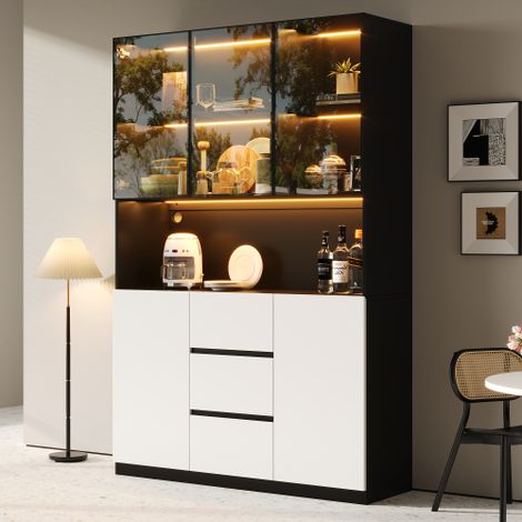 Vitrine en éclairée led 120×40×200 cm, en verre trempé avec étagères ouvertes, trois tiroirs et deux portes, noir (1/5)