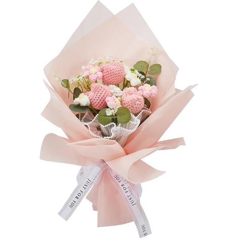 Lot de 9 bouquets de fleurs roses au crochet - Bouquet complet de tulipes et marguerites faites à la main - Bouquets artificiels tricotés pour anniversaire, remise de diplôme, anniversaire de (1/5)