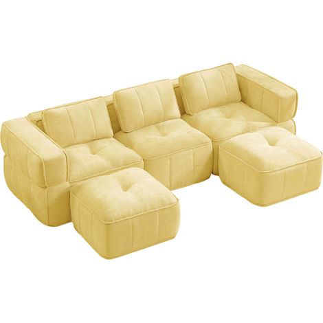 Modulares 3-Sitzer Sofa ohne Gestell, mit 2 Hockern, 32D Schaum, Tiefer Sitzfläche, Polyester, Gelb (1/5)