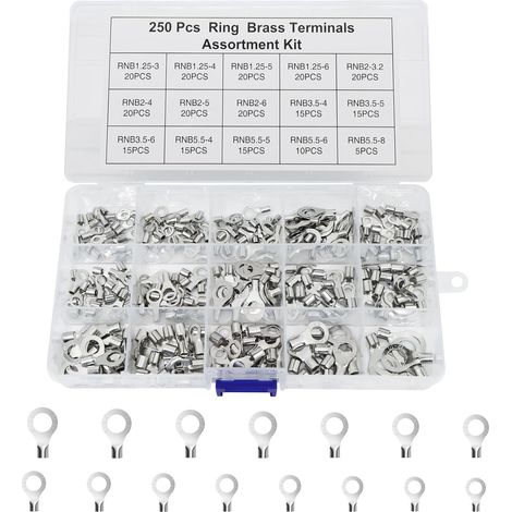 Ensemble de cosses tubulaires en non isolées, assortiment de cosses annulaires, connecteurs pour batteries, pour câbles de 0,5-1,5mm² 1,5-2,5mm², 2,5-4mm², 4-6mm² (O) (1/5)