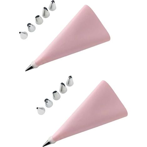 Ensemble de 2 poches à douille en silicone avec douilles en acier inoxydable pour gâteau rose à la crème. (1/5)