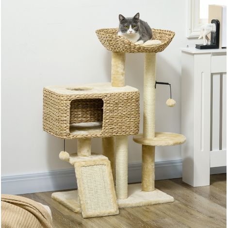 Tiragraffi in sisal e peluche beige con cuccia, rampa e zone riposo, funzione gioco e graffio, 60 x 40 x 98 cm (1/5)