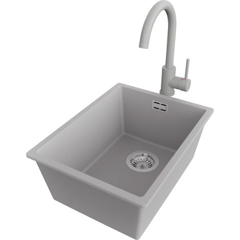 PRIMAGRAN Evier Sous Plan 36x47cm,Evier en Granit 1 bac + Robinet 32x20cm + Kit de Vidage, Évier au meuble 40cm - London, Gris (1/5)