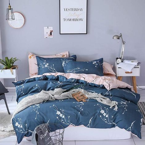 Bettwäsche 200x200cm Blumenmotiv Marineblau Rosa Microfaser Wende Bettbezug Set 3-teilig