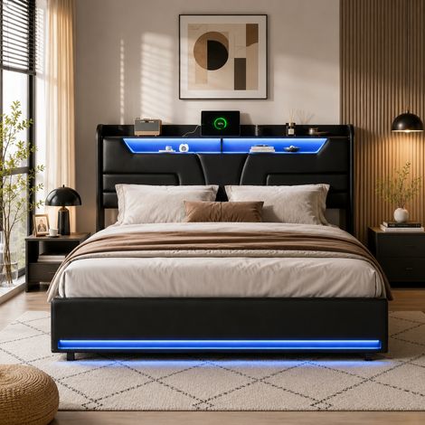 Lit coffre 140x190 cm - rangement hydraulique - sommier à lattes - simili cuir noir - tête de lit avec rangement - LED et USB - capacité 340 kg