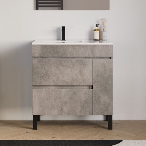 Meuble de salle de bain 80cm sur pieds avec vasque déportée à gauche - sans miroir - porte et tiroirs - ciment (gris) - LAZARO (1/5)