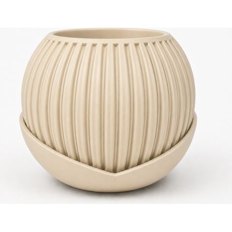 Maceta beige a rayas con platillo decorativo moderno. (1/3)