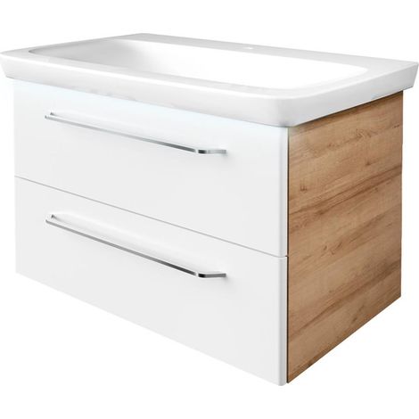 FACKELMANN MILANO Badmöbel Set 3 Teile / Keramik Waschbecken / Waschbeckenunterschrank mit 2 Schubladen / LED-Beleuchtung / Badschrank mit Soft-Close / Korpus: Braun hell / Front: Weiß / Breite: 88 cm (1/5)
