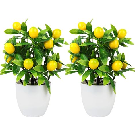 Sollbry 2pièces Plante artificielle Citronnier,Plante en pot, 24,5 cm, petite, jaune, Bonsaï citron, avec pot en plastique blanc, Simulation, Arbre fruitier (1/5)