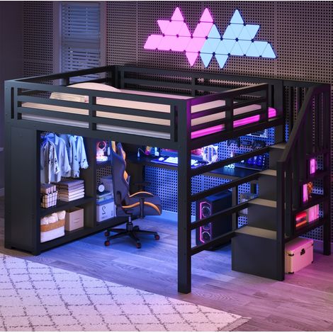 Lit mezzanine 140x200 cm noir en métal avec bureau, LED, USB, rangement et penderie ouverte (1/5)