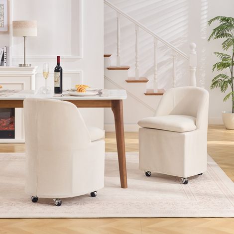 Lot de 2 chaises repas chenille beige 53x53,5x78,5cm rembourrées roulettes sans accoudoirs housse amovible cuisine salon coiffeuse (1/5)