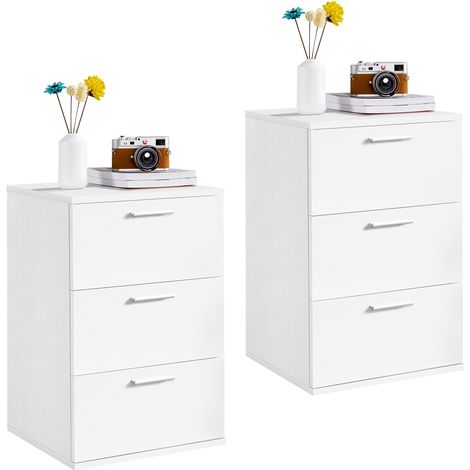 Yaheetech Set 2 Comodini Camera da Letto Moderni con 3 Cassetti Comò Tavolino Laterale da Divano Salotto 40 x 35 x 60 cm Bianchi
