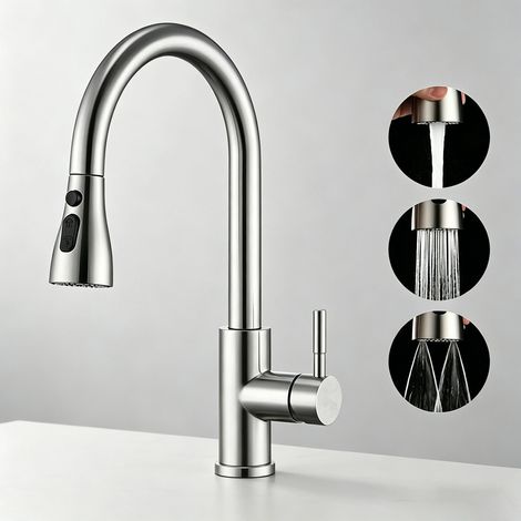 Robinet de cuisine extractible 3 modes avec fonction grattage – inox brossé 304, mitigeur monocommande, bec haut pivotant 360°, douchette 3 fonctions (jet / spray / pause) (1/3)