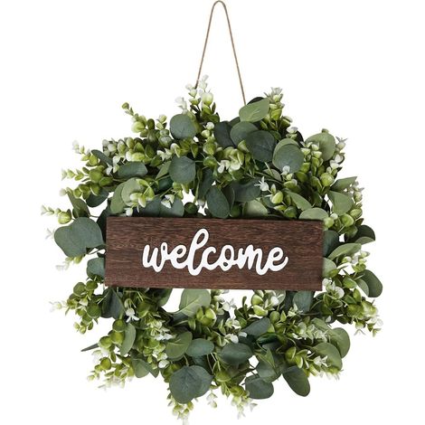 Couronne eucalyptus artificielle 45 avec panneau bienvenue, printemps (1/4)