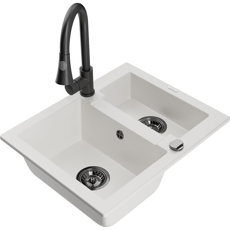 Mexen Carlos 1,5-Becken-Granitspüle mit Mischbatterie Elia, Weiß - 6518-20-670101-70