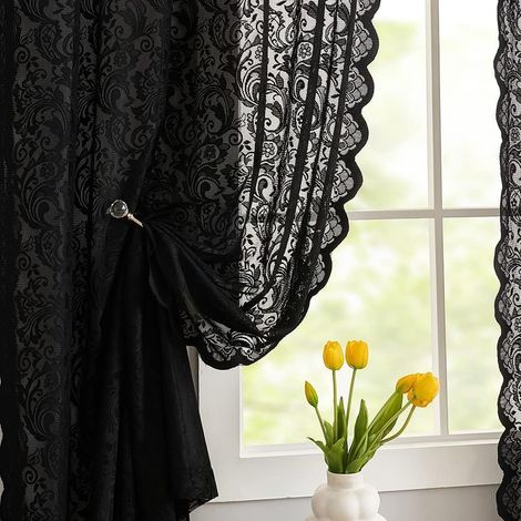 Elegante, transparente Spitzengardinen mit Blumenmuster im Vintage-Gothic-Stil, ideal für Halloween und als Dekoration für ein Hexen- oder Gothic-Schlafzimmer, 140 x 160 cm (B x L), Schwarz (1/5)