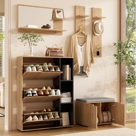 Set da 4 mobili ingresso con specchio, appendiabiti, scarpiera e panca imbottita effetto legno chiaro e nero, 150x35x161,5 cm, salvaspazio per corridoio - FLORAGRACE (1/5)