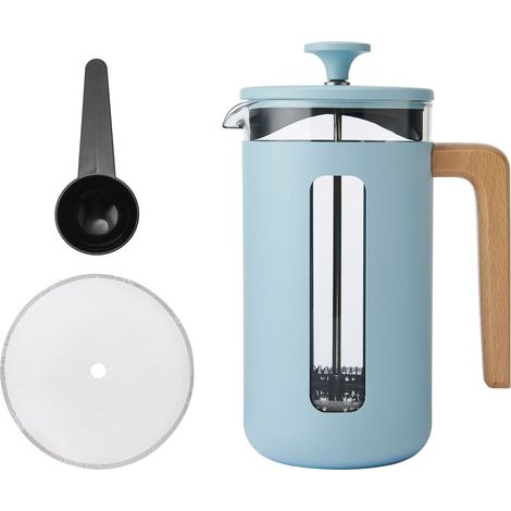 La Cafetière Cafetera Pisa de color azul cielo, émbolo duradero de acero inoxidable, con capacidad para 8 tazas, prensa francesa resistente al calor, elegante mango de madera natural, 1 l