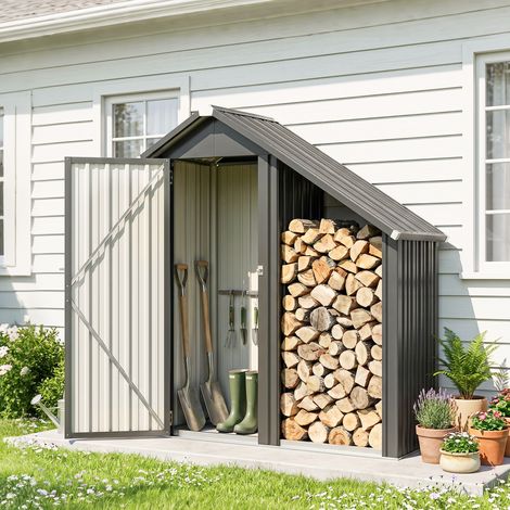 Rangement à bois acier galvanisé gris foncé 0,77 m², armoire à outils intégrée, 150×66×162 cm (1/5)