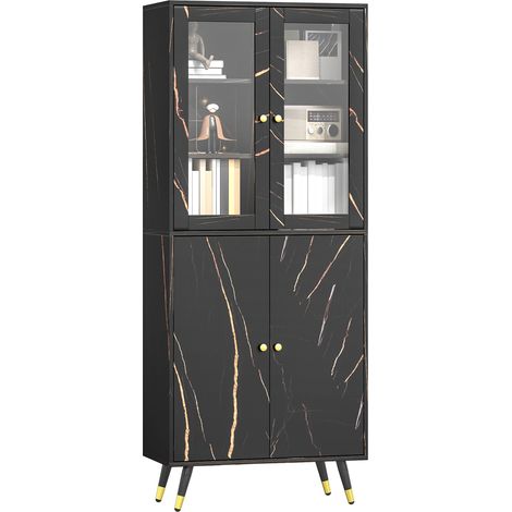 Libreria a 6 ripiani, mobile contenitore con 6 ripiani a giorno, anta in vetro e armadietto, 70 x 35 x 170 cm, nero