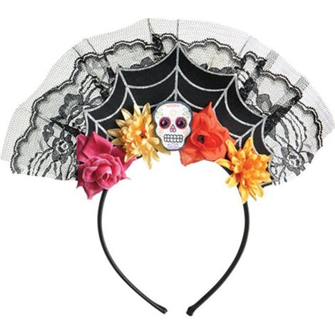 Serre-tête Jour de la Mort - Halloween - Thème Mexicain Skull - Toile d'araignée, crâne et fleurs
