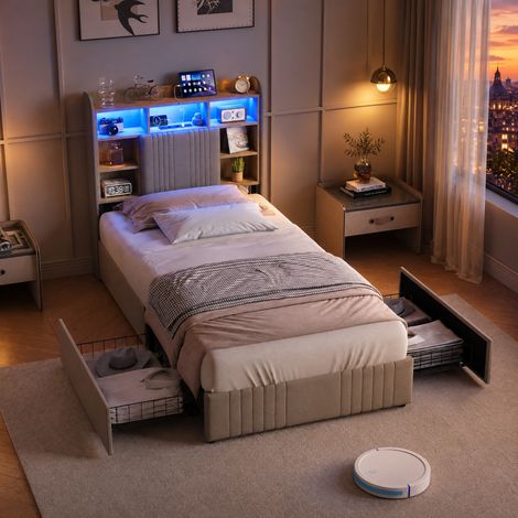 JOOKGBD-Letto singolo 90x200 cm in lino beige con testiera imbottita LED e USB,2 cassetti di stoccaggio,rete a doghe inclusa,struttura robusta,senza materasso