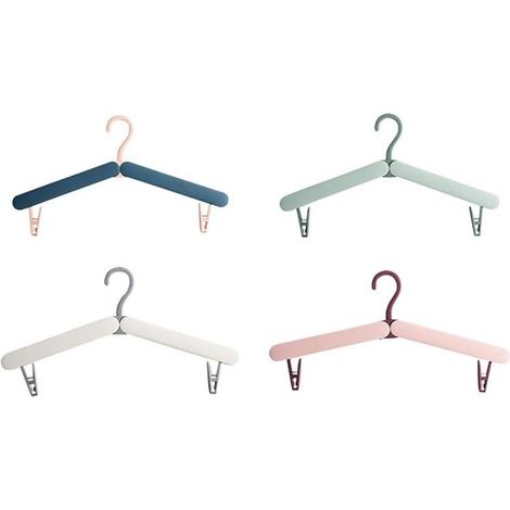 Confezione da 4 grucce appendiabiti in plastica pieghevoli e leggere, ideali per viaggi, esterni e casa, nei colori rosa, blu, verde e grigio. (1/5)
