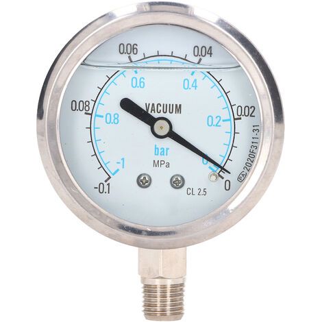 1/4"-NPT-Vakuummeter aus Edelstahl, Maximaldruck -0,1 bis 0 MPa, Genauigkeitsklasse 2,5, für Wasser und Öl - 1-0 MPa