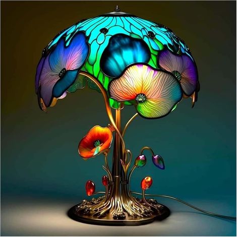 Lampe à poser en verre teinté – Design champignon décoratif – Éclairage chaleureux pour chambre et salon – Abat-jour vitrail (1/5)